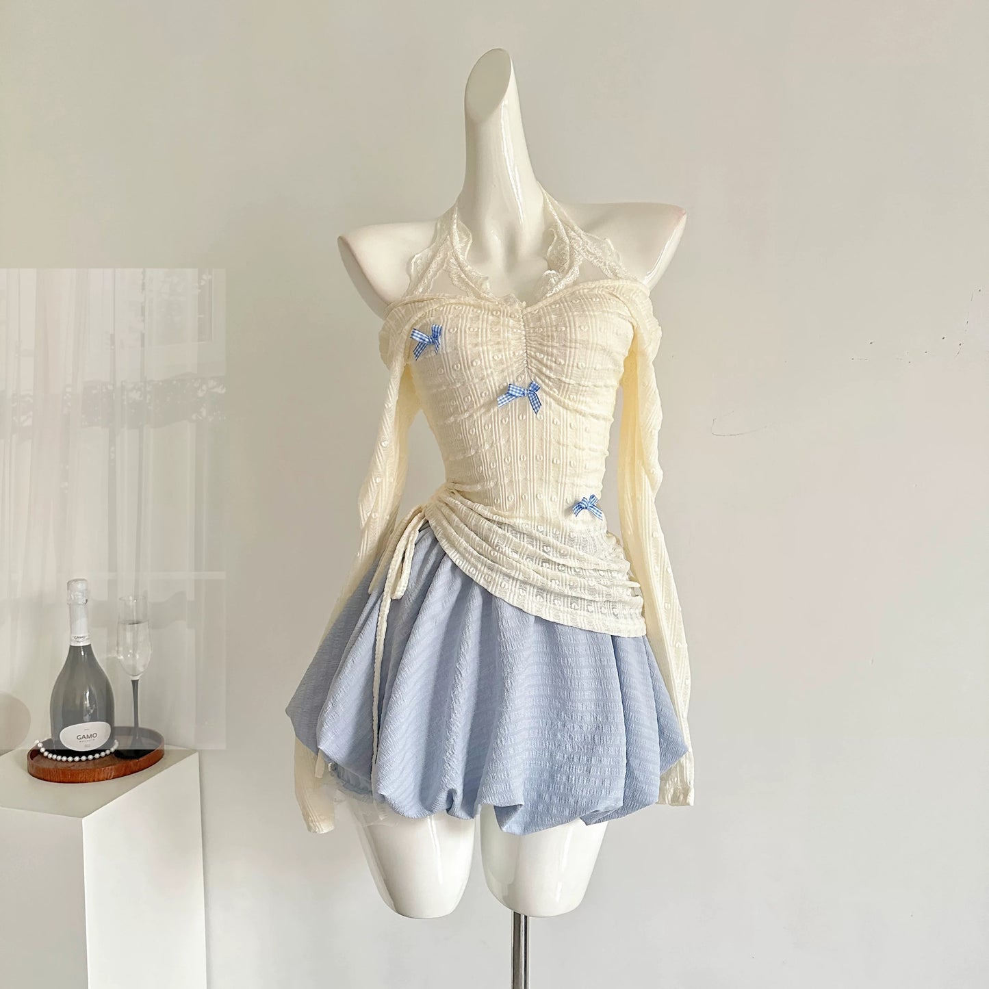 Youni homemade light brand ice blue spring and summer sweet slimming halter neck fake two-piece top skirt suit