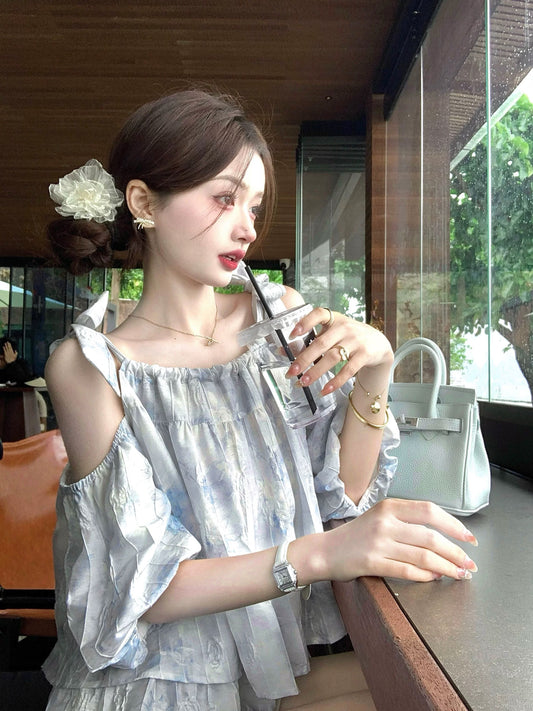 Q Girl's Little Manchunqu/French Unique and Unique Top Summer Loose Babydoll Off-Shoulder Design Top