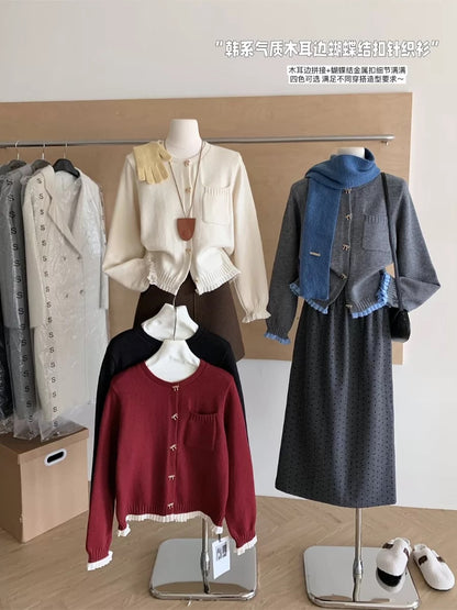 RENA Korean style gray wood ear edge bow button sweater cardigan women autumn and winter small fragrance knitted jacket top
