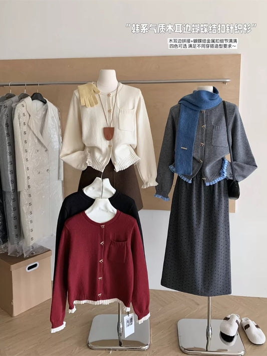 RENA Korean style gray wood ear edge bow button sweater cardigan women autumn and winter small fragrance knitted jacket top