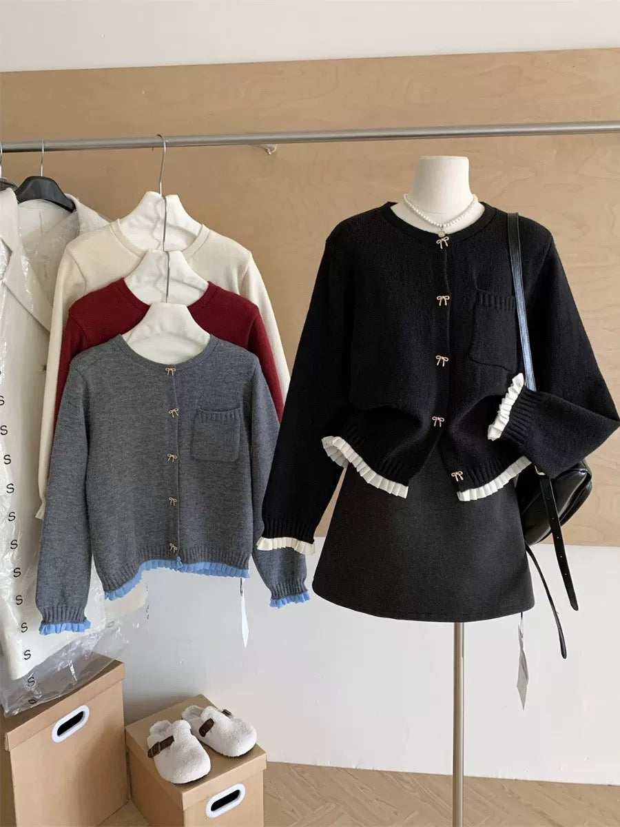 RENA Korean style gray wood ear edge bow button sweater cardigan women autumn and winter small fragrance knitted jacket top