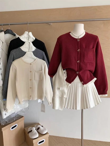 RENA Korean style gray wood ear edge bow button sweater cardigan women autumn and winter small fragrance knitted jacket top