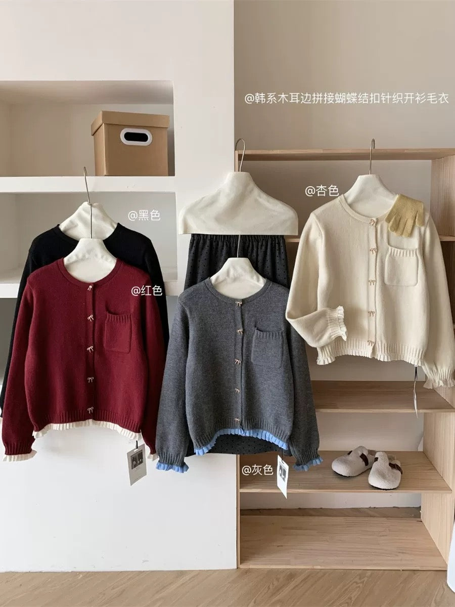 RENA Korean style gray wood ear edge bow button sweater cardigan women autumn and winter small fragrance knitted jacket top