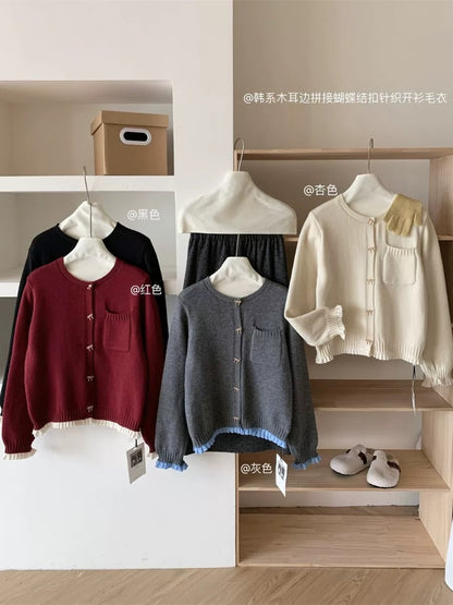 RENA Korean style gray wood ear edge bow button sweater cardigan women autumn and winter small fragrance knitted jacket top