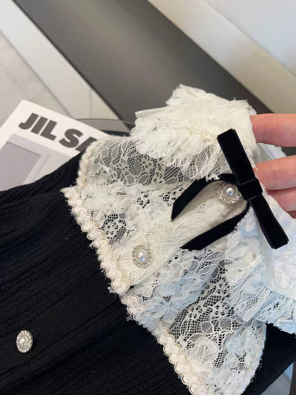 July Launch: Miu-inspired "heiress" aesthetic—intricate lace-paneled knit top featuring a Peter Pan collar, bow detail, and long sleeves.