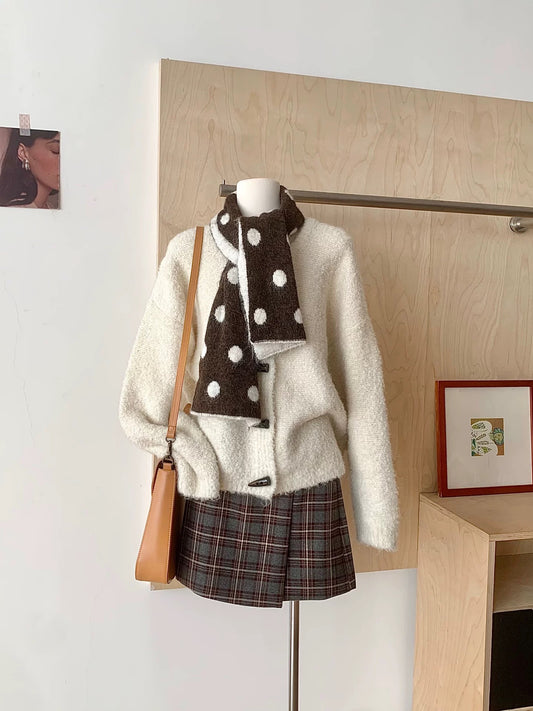RENA retro horn button sweater jacket women 2025 autumn and winter lazy style soft and sticky atmosphere knitted cardigan top