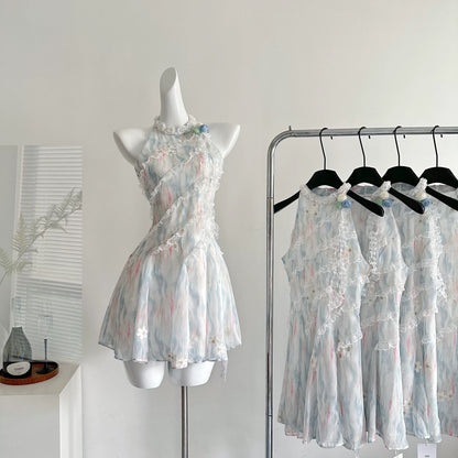 Youni homemade jasmine green summer sweet slim waist design short dress