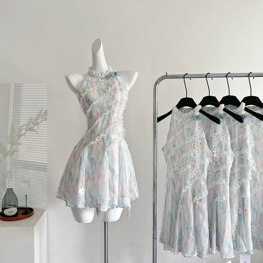 Youni homemade jasmine green summer sweet slim waist design short dress