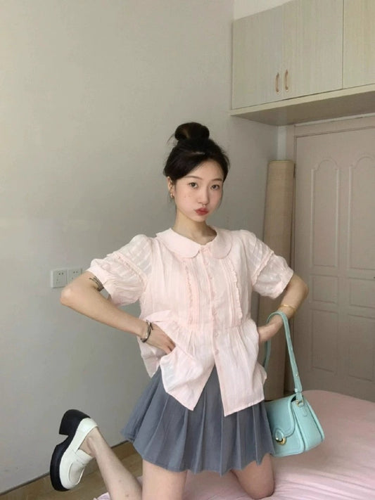 Xiaoguaiguai brand orange pink pleated shirt for women summer 2024 new style French retro doll collar short-sleeved top