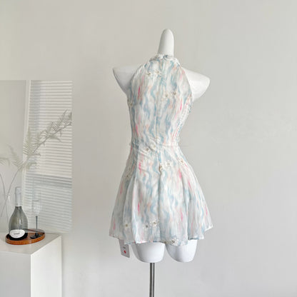 Youni homemade jasmine green summer sweet slim waist design short dress