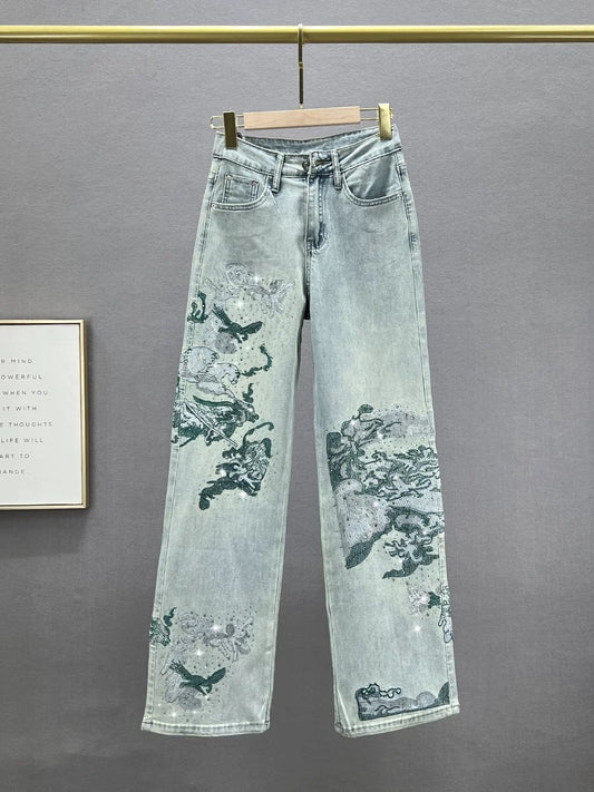 Ethnic style embroidered hot diamond denim wide-leg pants for women trendy 2024 new spring high-waisted loose slimming trousers