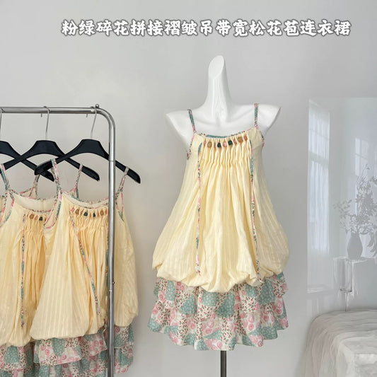 Youni ethnic style pink and green floral stitching pleated sling loose bud dress female 2025 summer new