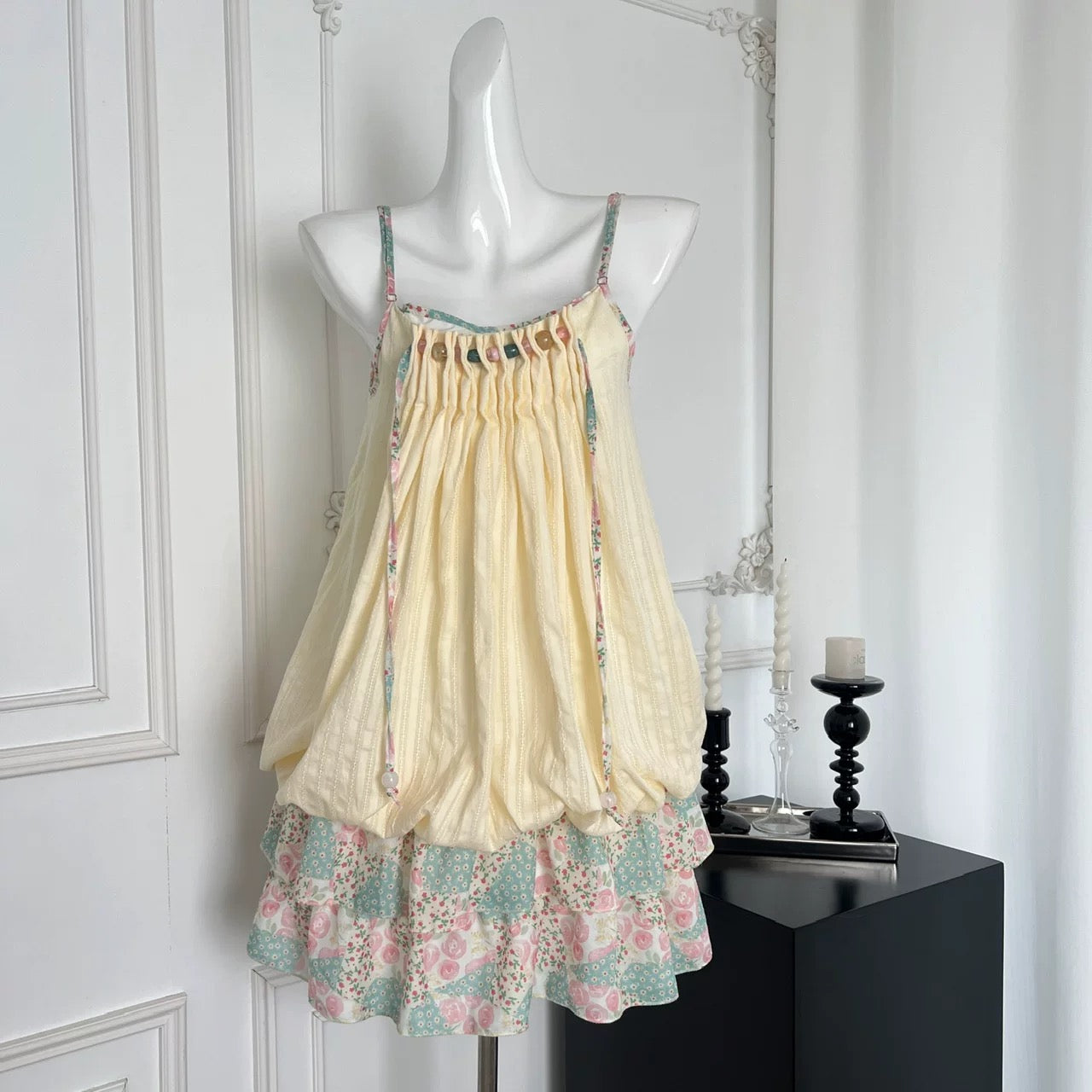 Youni ethnic style pink and green floral stitching pleated sling loose bud dress female 2025 summer new