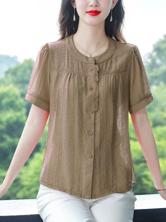 Cotton and linen shirts for women summer clothes 2024 new mom style loose slim short-sleeved tops small shirts plus size shirts