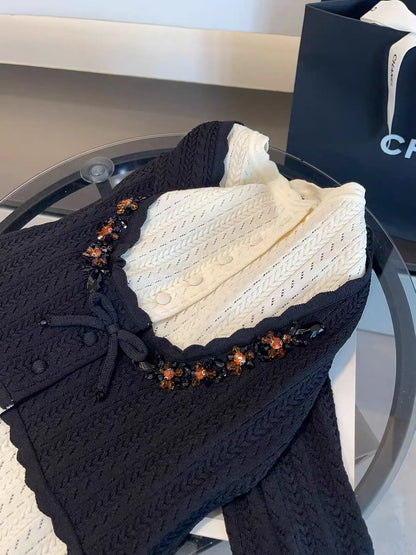 JULY START – Shenzhen-style premium knit top featuring a "faux-layered" design, high-quality craftsmanship, and an elaborate rhinestone-embellished bow.
