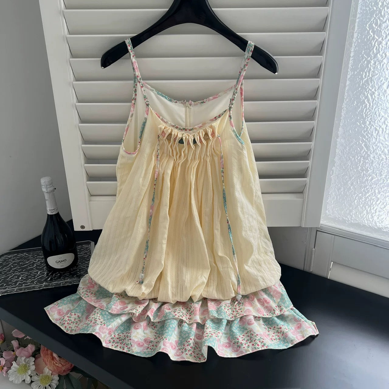 Youni ethnic style pink and green floral stitching pleated sling loose bud dress female 2025 summer new