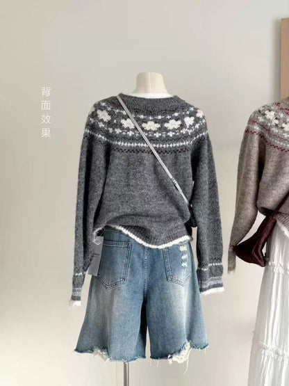 RENA Fair Isle sweater cardigan women 2025 autumn and winter Korean temperament gentle retro loose soft knitted jacket
