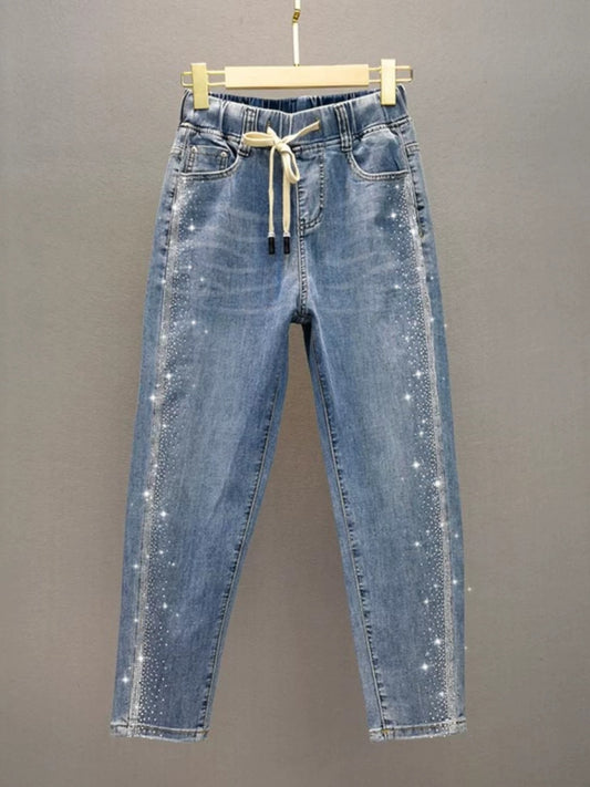 European Station Hot Diamond Nine-Point Jeans Women's 2024 Spring New Elastic High Waisted Loose Slim Dad Harem Pants