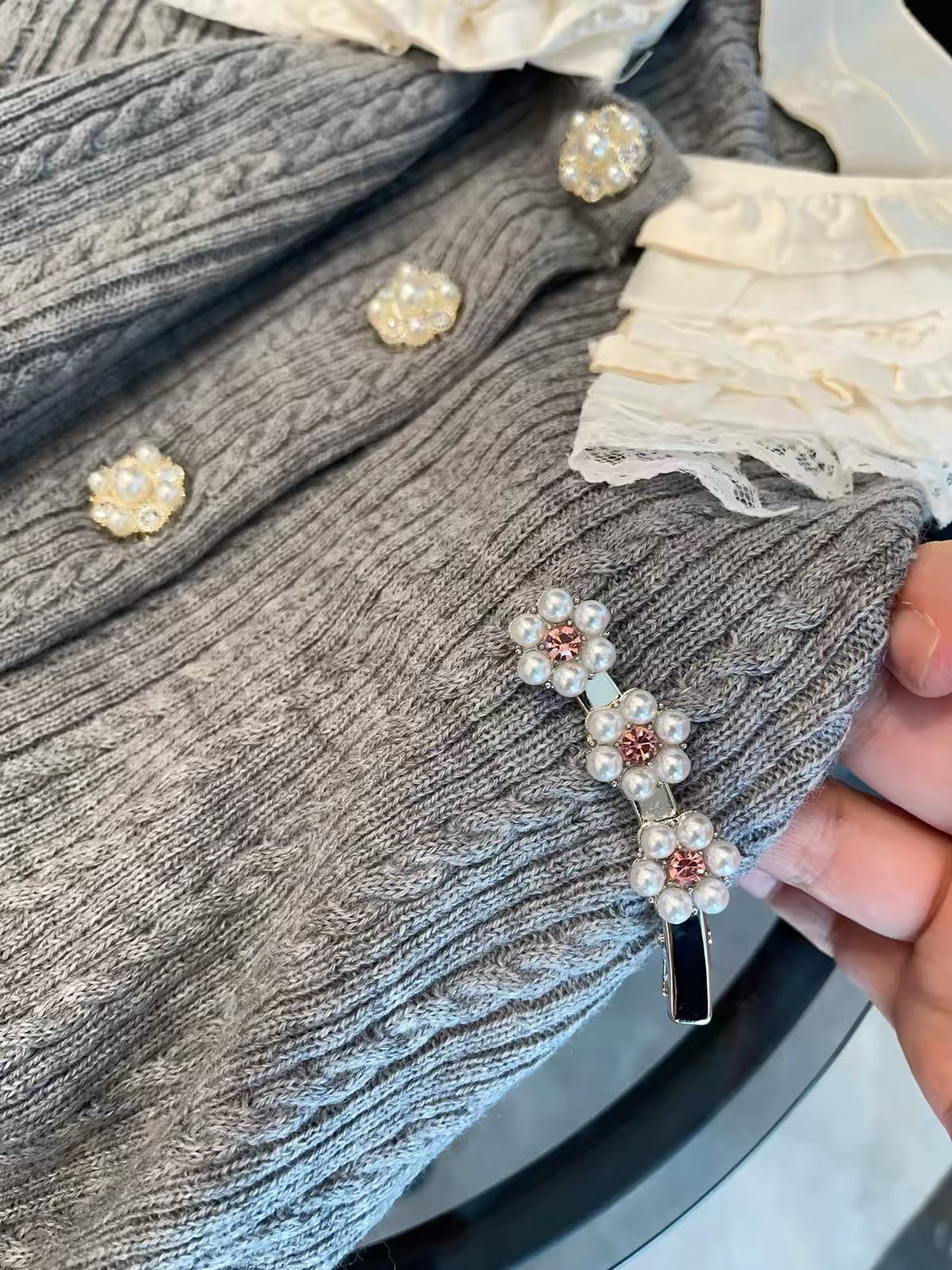 JULY START: French-style "It Girl" aesthetic—long-sleeved knit cardigan featuring intricate floral lace detailing and a detachable Polo collar.