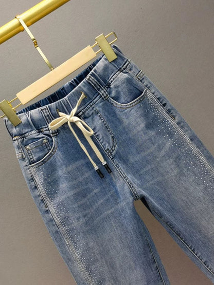 European Station Hot Diamond Nine-Point Jeans Women's 2024 Spring New Elastic High Waisted Loose Slim Dad Harem Pants