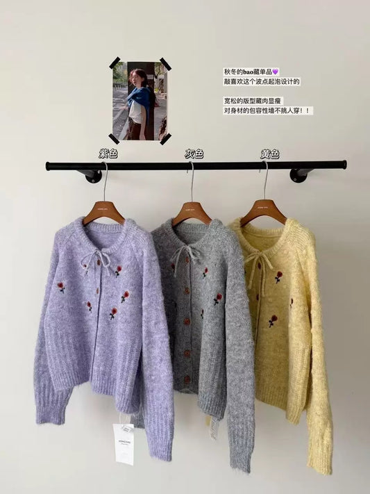 RENA2025 autumn and winter new embroidered flower sweater female temperament sweet age-reducing bow tie knitted cardigan