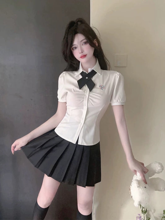 jk shirt pleated design pure lust style women's slim sexy waist shirt puff sleeves slim short-sleeved shirt trendy