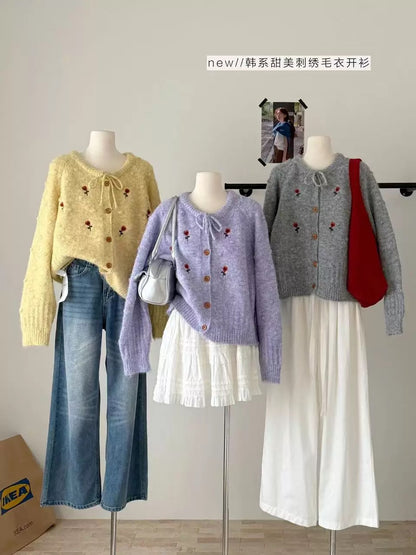 RENA2025 autumn and winter new embroidered flower sweater female temperament sweet age-reducing bow tie knitted cardigan