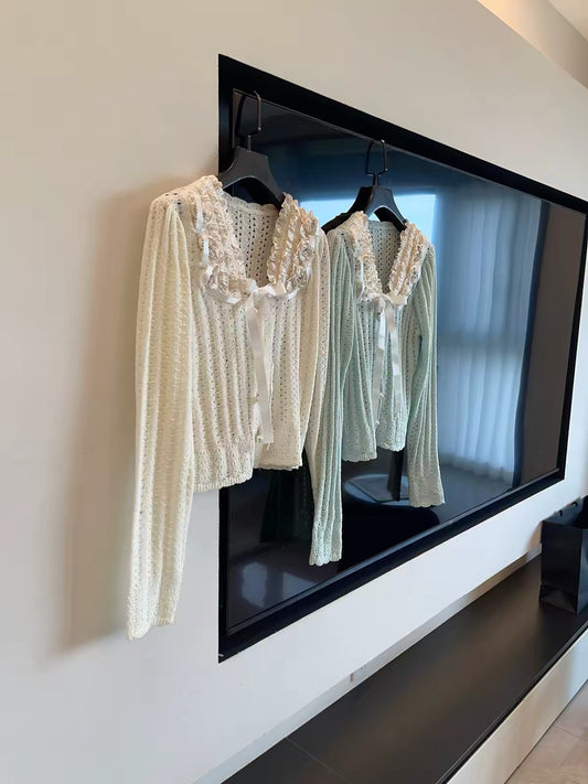 JULY START: Chic French-style aesthetic—lightweight early-autumn knit cardigan featuring intricate beadwork, color-blocking, and a tie-front design.
