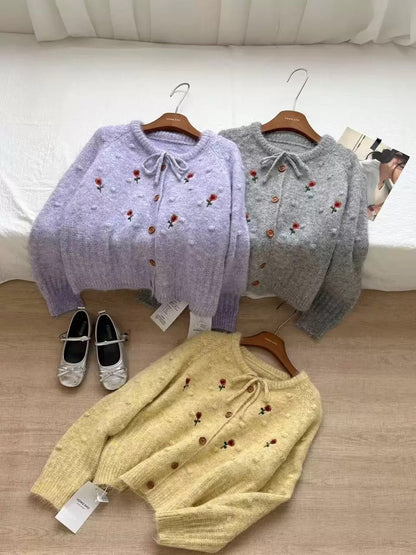 RENA2025 autumn and winter new embroidered flower sweater female temperament sweet age-reducing bow tie knitted cardigan