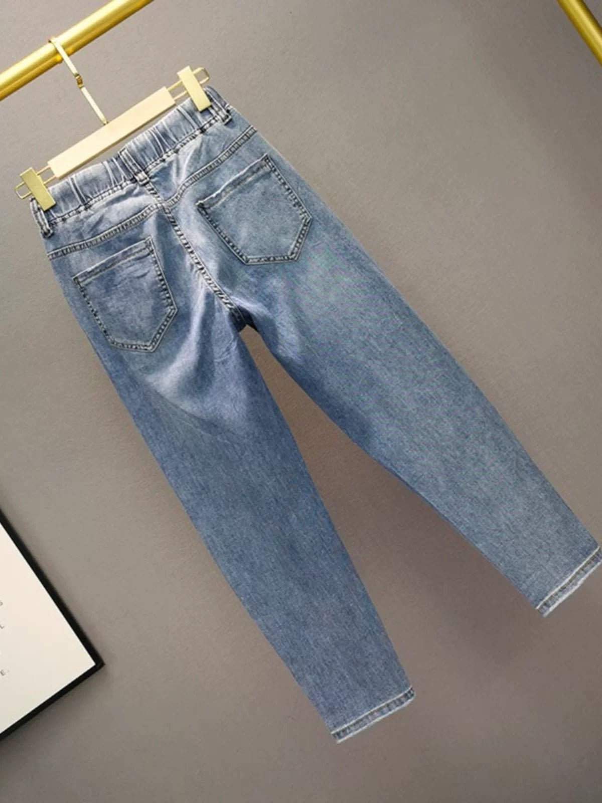 European Station Hot Diamond Nine-Point Jeans Women's 2024 Spring New Elastic High Waisted Loose Slim Dad Harem Pants