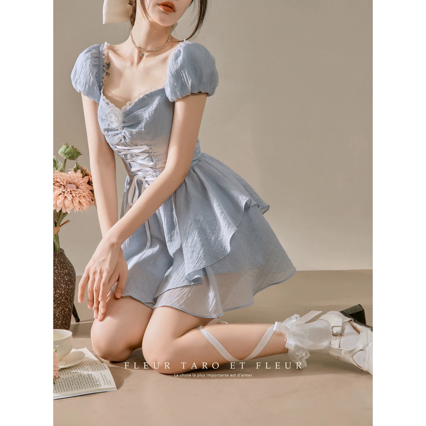 Blue dress ballet sweet French fugitive princess style waist slimming beautiful small skirt short style women summer
