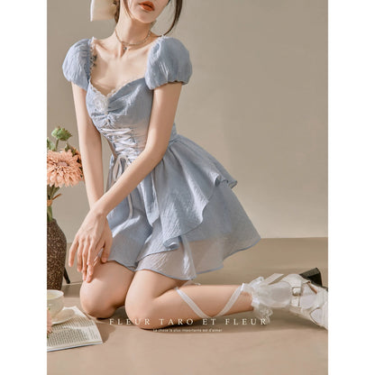 Blue dress ballet sweet French fugitive princess style waist slimming beautiful small skirt short style women summer