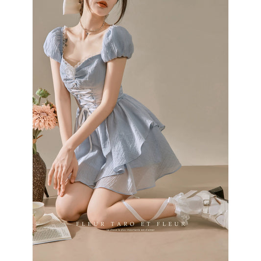 Blue dress ballet sweet French fugitive princess style waist slimming beautiful small skirt short style women summer