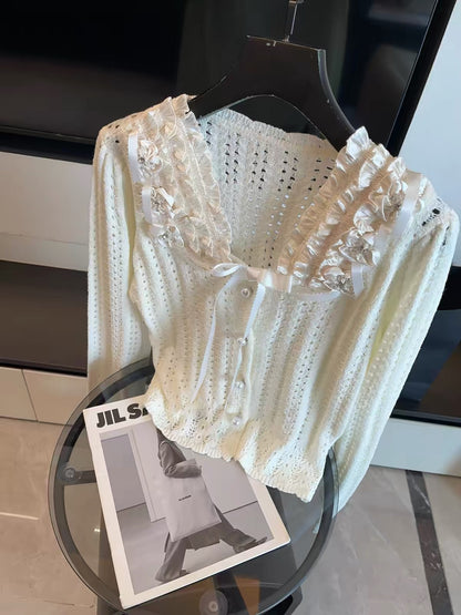 JULY START: Chic French-style aesthetic—lightweight early-autumn knit cardigan featuring intricate beadwork, color-blocking, and a tie-front design.