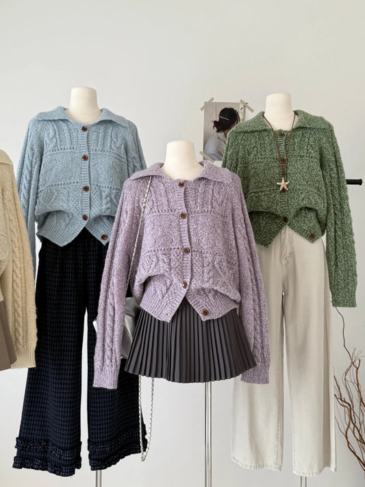 RENA lapel cable knit sweater jacket women 2025 autumn and winter Korean lazy style loose versatile soft glutinous knitted top