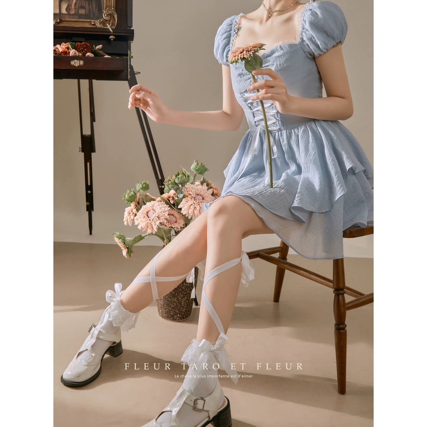 Blue dress ballet sweet French fugitive princess style waist slimming beautiful small skirt short style women summer