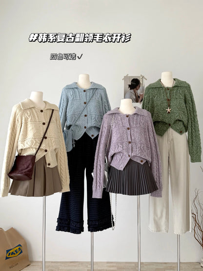 RENA lapel cable knit sweater jacket women 2025 autumn and winter Korean lazy style loose versatile soft glutinous knitted top