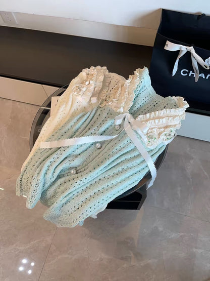 JULY START: Chic French-style aesthetic—lightweight early-autumn knit cardigan featuring intricate beadwork, color-blocking, and a tie-front design.