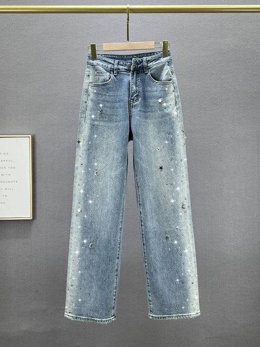 Hot Diamond Jeans Women's Long Pants 2024 Spring New High Waist Loose Slim European Heavy Industry Wide Leg Pants Trendy