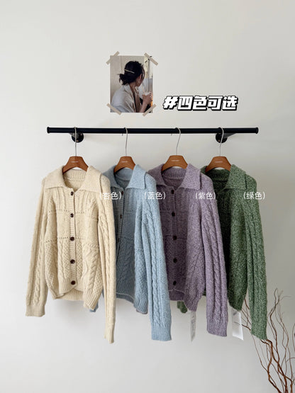 RENA lapel cable knit sweater jacket women 2025 autumn and winter Korean lazy style loose versatile soft glutinous knitted top