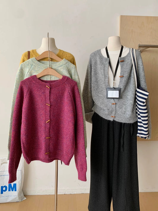 RENA retro horn button sweater jacket women 2025 autumn and winter new loose soft versatile knitted cardigan top