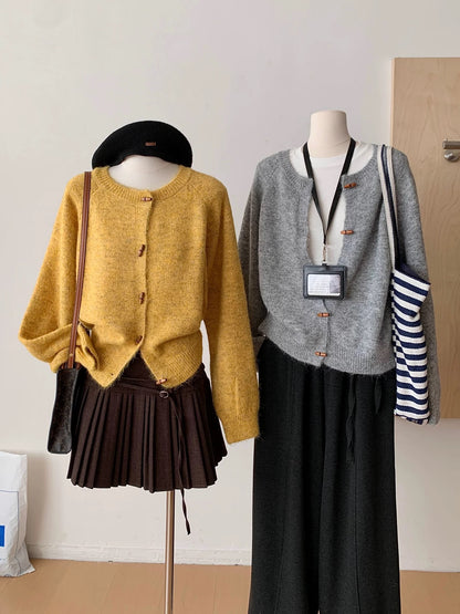 RENA retro horn button sweater jacket women 2025 autumn and winter new loose soft versatile knitted cardigan top
