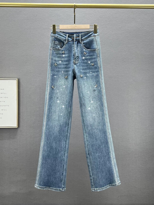 Narrow denim straight-leg pants for women, 2024 new spring and summer high-waisted slim-fitting floor-length trousers