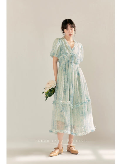 Qiao and the Flower Bottle丨French Floral Chiffon Dress 2023 New Women's Gentle Wooden Ear Temperament Super Fairy Long Dress