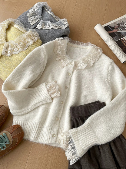 RENA Japanese sweet lace doll collar soft glutinous sweater jacket women's loose lazy style knitted cardigan autumn and winter