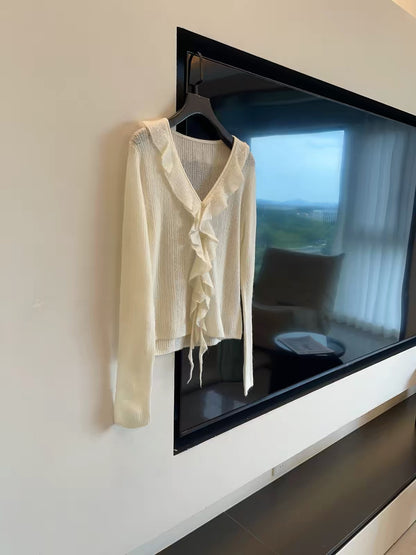 JULY START: Sweet French-style "lady" aesthetic—soft, cozy, long-sleeved knit cardigan with a ruffled V-neck for autumn.