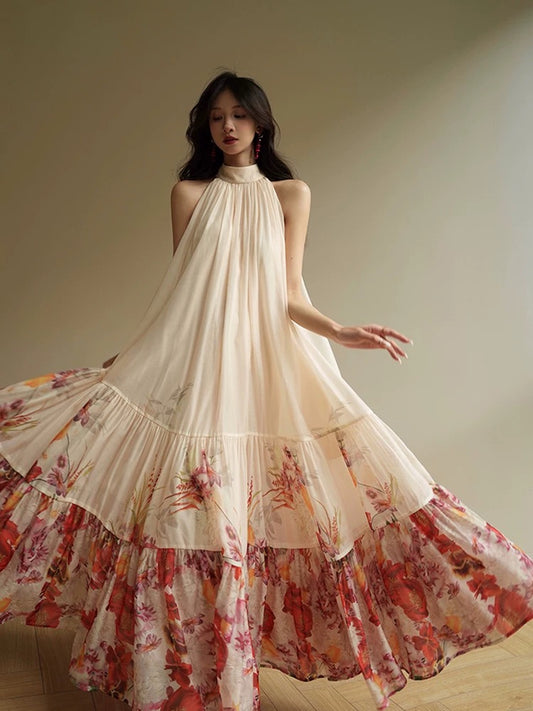 Aconiconi｜Furla French print large skirt halter neck retro high-end seaside holiday style dress