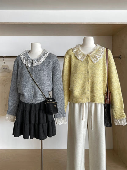 RENA Japanese sweet lace doll collar soft glutinous sweater jacket women's loose lazy style knitted cardigan autumn and winter