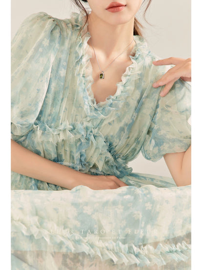 Qiao and the Flower Bottle丨French Floral Chiffon Dress 2023 New Women's Gentle Wooden Ear Temperament Super Fairy Long Dress