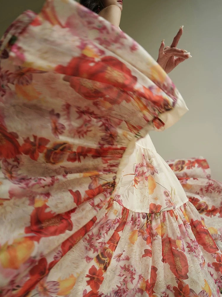 Aconiconi｜Furla French print large skirt halter neck retro high-end seaside holiday style dress